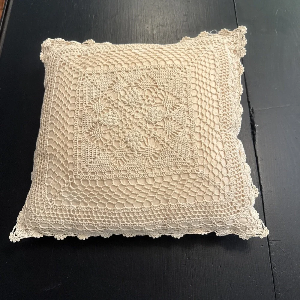 Crochet Lace Throw Pillow Cream Boho Cottage Farmhouse Textured Decor